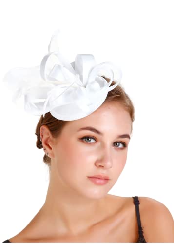 YKMYXZ Blumen-Stirnband, Damen Fascinator Hut Haarspange Feder Hochzeit Braut Cocktailhut Derby Kirche Bankett for Mädchen(MSM 018 white) von YKMYXZ