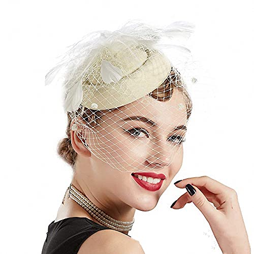 YKMYXZ Blumen-Stirnband, Damen Fascinator Hut Haarspange Feder Hochzeit Braut Cocktailhut Derby Kirche Bankett for Mädchen(MSM 0998 beige) von YKMYXZ