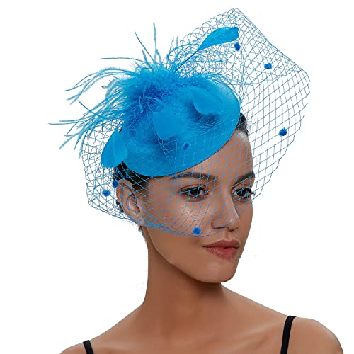 YKMYXZ Blumen-Stirnband, Damen Fascinator Hut Haarspange Feder Hochzeit Braut Cocktailhut Derby Kirche Bankett for Mädchen(MSM 0998 blue) von YKMYXZ