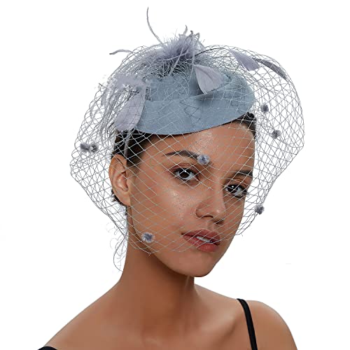 YKMYXZ Blumen-Stirnband, Damen Fascinator Hut Haarspange Feder Hochzeit Braut Cocktailhut Derby Kirche Bankett for Mädchen(MSM 0998 grey) von YKMYXZ