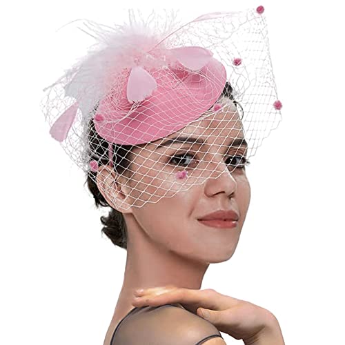 YKMYXZ Blumen-Stirnband, Damen Fascinator Hut Haarspange Feder Hochzeit Braut Cocktailhut Derby Kirche Bankett for Mädchen(MSM 0998 pink) von YKMYXZ