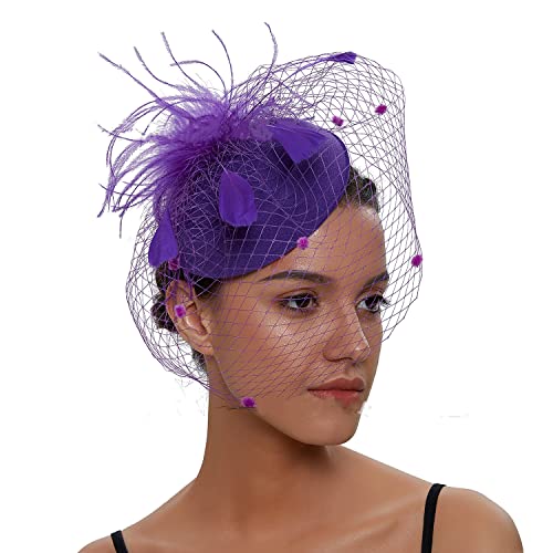 YKMYXZ Blumen-Stirnband, Damen Fascinator Hut Haarspange Feder Hochzeit Braut Cocktailhut Derby Kirche Bankett for Mädchen(MSM 0998 purple) von YKMYXZ