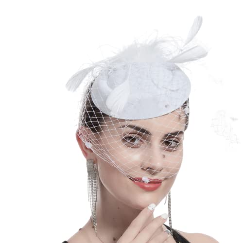 YKMYXZ Blumen-Stirnband, Damen Fascinator Hut Haarspange Feder Hochzeit Braut Cocktailhut Derby Kirche Bankett for Mädchen(MSM 0998 white) von YKMYXZ