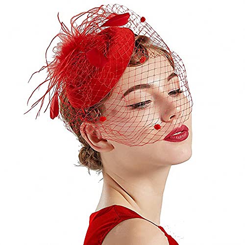 YKMYXZ Blumen-Stirnband, Damen Fascinator Hut Haarspange Feder Hochzeit Braut Cocktailhut Derby Kirche Bankett for Mädchen(Msm 0998 Red) von YKMYXZ