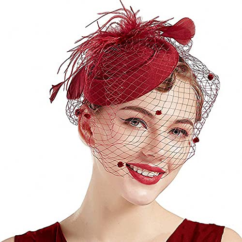 YKMYXZ Blumen-Stirnband, Damen Fascinator Hut Haarspange Feder Hochzeit Braut Cocktailhut Derby Kirche Bankett for Mädchen(Msm 0998 Wine) von YKMYXZ