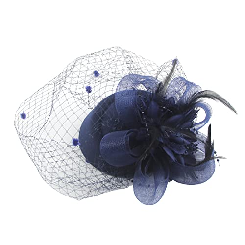 YKMYXZ Blumen-Stirnband, Damen Fascinator Hut Haarspange Feder Hochzeit Braut Cocktailhut Derby Kirche Bankett for Mädchen(WEN4 15 navy) von YKMYXZ