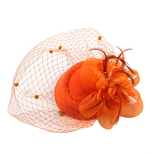 YKMYXZ Blumen-Stirnband, Damen Fascinator Hut Haarspange Feder Hochzeit Braut Cocktailhut Derby Kirche Bankett for Mädchen(WEN4 15 orange) von YKMYXZ