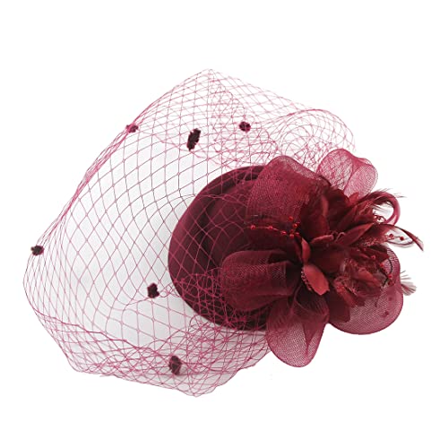YKMYXZ Blumen-Stirnband, Damen Fascinator Hut Haarspange Feder Hochzeit Braut Cocktailhut Derby Kirche Bankett for Mädchen(WEN4 15 wine) von YKMYXZ
