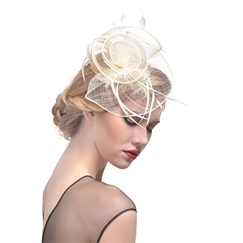 YKMYXZ Blumen-Stirnband, Fascinator-Hut for Damen, solides Netz, Blumenfedern, Hut, Stirnband, Haarspange, Cocktail-/Teeparty-Kopfbedeckung(Beige) von YKMYXZ