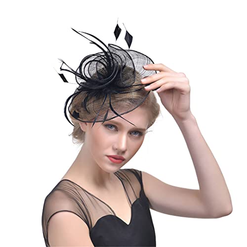 YKMYXZ Blumen-Stirnband, Fascinator-Hut for Damen, solides Netz, Blumenfedern, Hut, Stirnband, Haarspange, Cocktail-/Teeparty-Kopfbedeckung(Black) von YKMYXZ