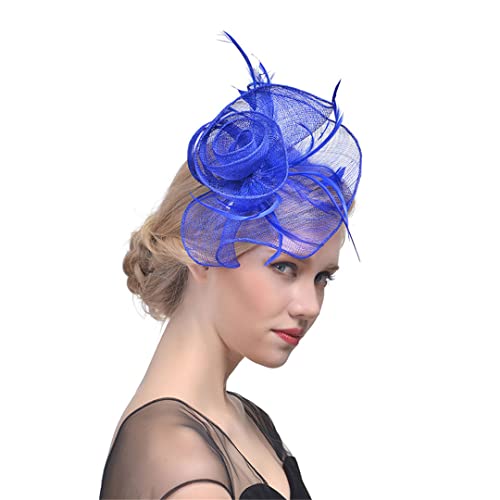 YKMYXZ Blumen-Stirnband, Fascinator-Hut for Damen, solides Netz, Blumenfedern, Hut, Stirnband, Haarspange, Cocktail-/Teeparty-Kopfbedeckung(Blue) von YKMYXZ