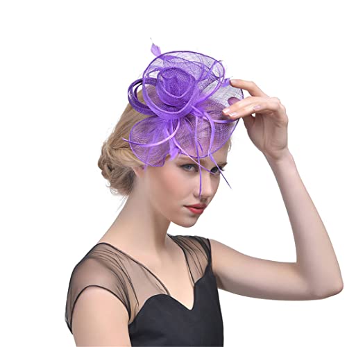 YKMYXZ Blumen-Stirnband, Fascinator-Hut for Damen, solides Netz, Blumenfedern, Hut, Stirnband, Haarspange, Cocktail-/Teeparty-Kopfbedeckung(Purple) von YKMYXZ