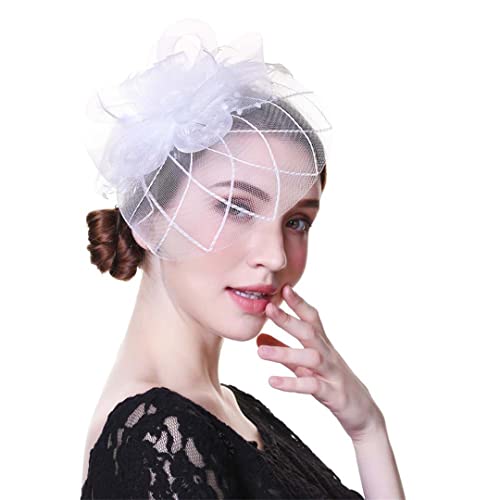 YKMYXZ Blumen-Stirnband, Fascinator-Hut for Frauen, Teeparty, weißes Stirnband, Hochzeit, Cocktail, Blumennetz, Federn, Haarspange(White) von YKMYXZ