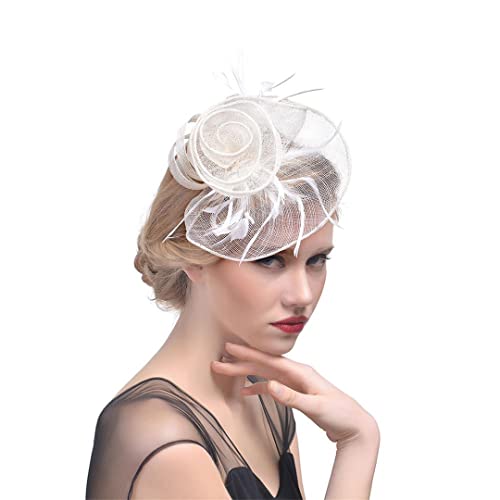 YKMYXZ Blumen-Stirnband, Hochzeit Federhüte Zubehör Damen Brauthut Blumenfedern Hut Cocktail Teeparty Kopfbedeckung(White) von YKMYXZ