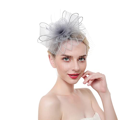 YKMYXZ Blumen-Stirnband, Hochzeit Kirche Federhut Mesh Kopfbedeckung Frauen Cocktail Tee Party mit Blume(Grey) von YKMYXZ