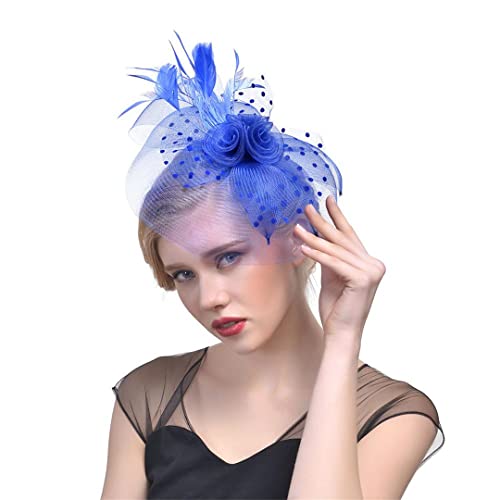 YKMYXZ Blumen-Stirnband, Hochzeit Spitze Feder Kopfbedeckung Hut Braut Haar Zubehör Damen Cocktail Tee Party(Royal Blue) von YKMYXZ