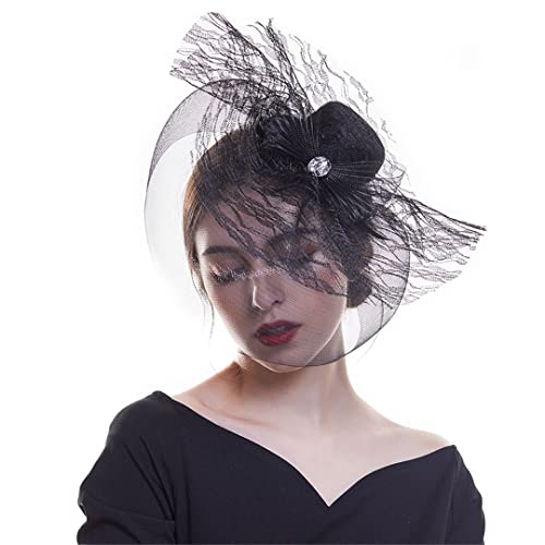 YKMYXZ Blumen-Stirnband, Lady Fascinator Hüte Strick Mesh Haarspange mit Haarband Hut Formale Party Cocktail Cap Zubehör(Black) von YKMYXZ