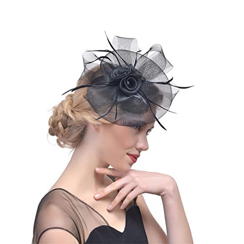YKMYXZ Blumen-Stirnband, Vintage Feder Kopfschmuck Hochzeit Hüte Frauen Haar Clip Dinner-Party Hut Cocktail Tee Party Kopfbedeckungen(Black) von YKMYXZ