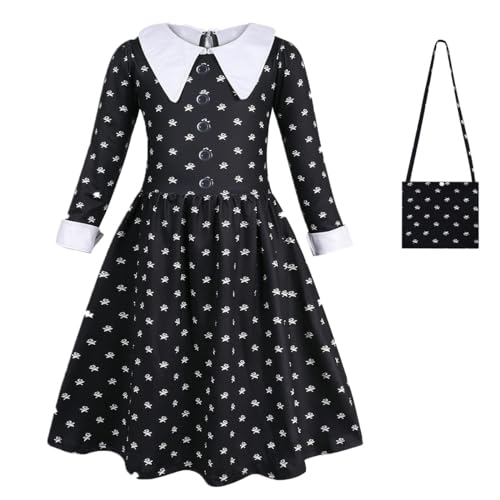 YKSOZMH Mädchenkleid, schwarz, gepunktet, für Schule, Party, Uniform, Karneval, Outfit mit Tasche von YKSOZMH