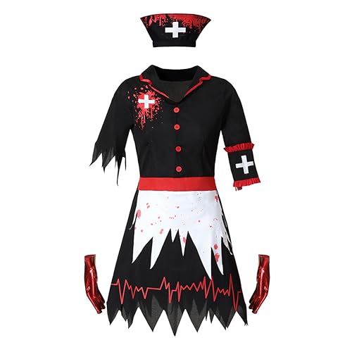 Halloween Zombie Krankenschwester Cosplay KostüM Set, Krankenschwester Kleid FüR Halloween Party Cosplay Weiblich Kleider（M-XL） von YLEAFUN