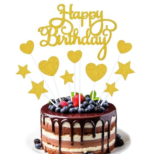 11 Stück Kuchen Deko Geburtstag, Happy Birthday Tortendeko Gold, Kuchen Topper, Herz Cupcake Topper Sterne Kuchendeko, Glitzer Cake Topper für Babyparty, Geburtstag Party, Jubiläum (C) von YLMYOLEMEI