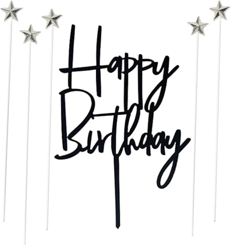Happy Birthday Tortendeko, Schwarz Cake Topper und 5 Stück Silber Sterne Kuchendeko, Kuchen Topper für Babyparty Jubiläen Geburtstag Party Dekoration Happy Birthday Tortendeko, Schwarz Cake Topper und 5 Stück Silber Sterne Kuchendeko, Kuchen Topper für Babyparty Jubiläen Geburtstag Party Dekoration von YLMYOLEMEI