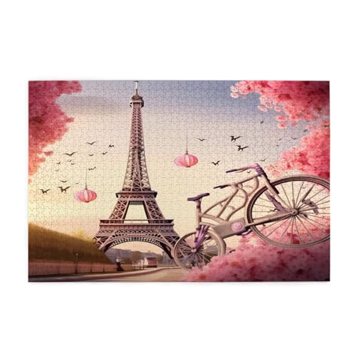Romantisches Paris Eiffelturm Fahrrad Gedrucktes Klassisches Puzzle 1000 Teile Holz Erwachsene Kinder Puzzles Freizeitspiel für Familie Freunde Geburtstagsgeschenke von YLZAHAOS