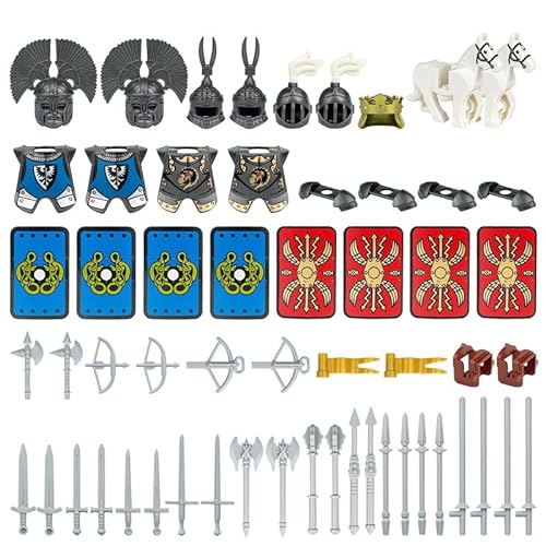 YLtremker Mittelalterliche Krieg Pferde Bausteine mit Waffenpaket, 57Teile Custom Krieg Pferde Helme Waffen Modell Spielzeug für Minifiguren von YLtremker