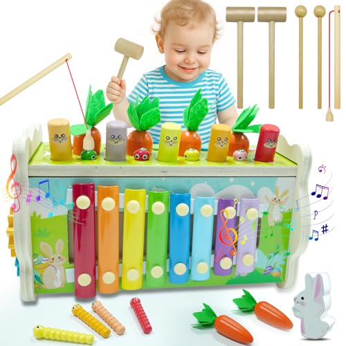 YM E-Bright Montessori Spielzeug ab 1 Jahr, 8-IN-1 Hammerspiel Holzspielzeug Motorikspielzeug mit Xylophon, Magnetisches Angelspiel Kinderspielzeug ab1 2 3 Jahre Geschenk für Mädchen Junge von YM E-Bright