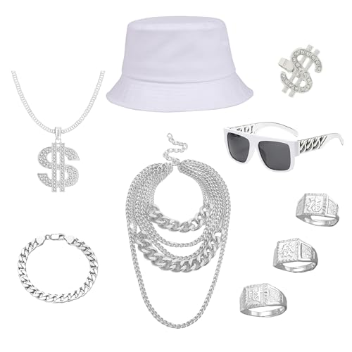 YMO 80er 90er Jahre Zubehör Outfit Hip Hop Kostüm Kit Old School Rapper Zubehör 90er Jahre Motto Party Outfits für Damen Herren (Silber) von YMO