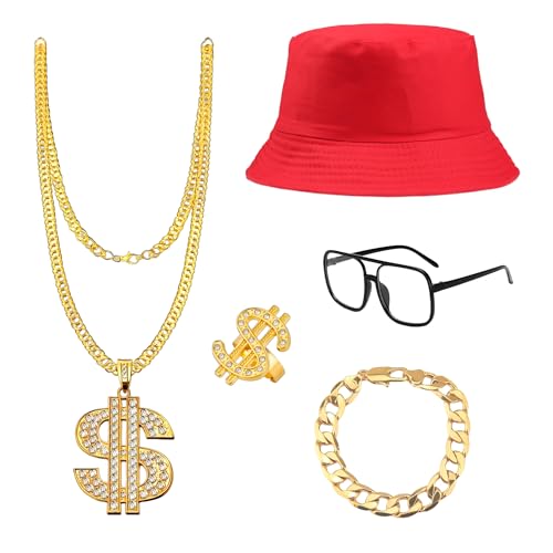 YMO 80er 90er Jahre Zubehör Outfit Hip Hop Kostüm Kit für Männer Frauen Old School Rapper Themed Halloween Party Dekoration (Rot) von YMO