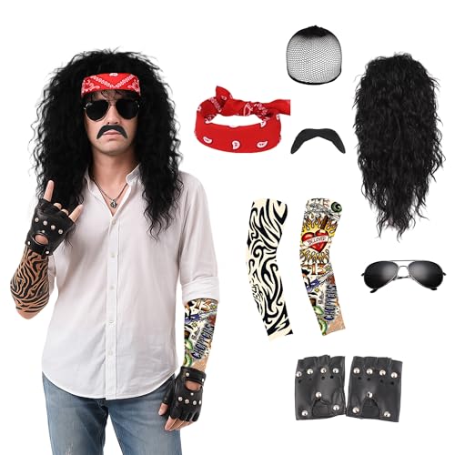 YMO 9 Stück 80er Jahre Rocker Kostüm für Herren Disco Kostüm Herren Party mit Perücke Punk Zubehör Halloween Kostüme für Herren von YMO