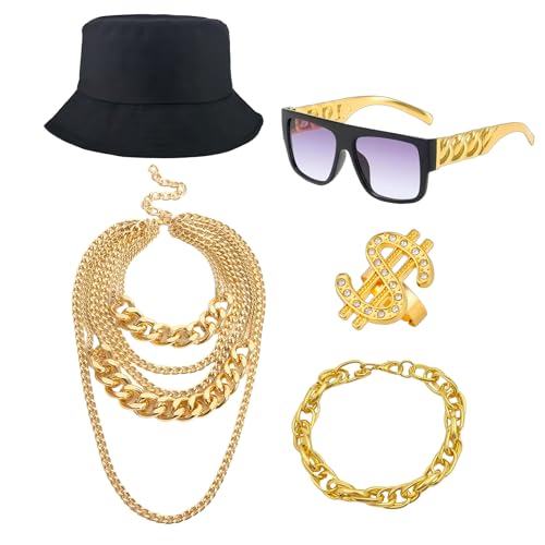 YMO Hip Hop Kostüm Kit 80er 90er Rapper Zubehör Outfits für Männer Frauen Club Old School Rapper Themed Halloween Cosplay Party Zubehör von YMO