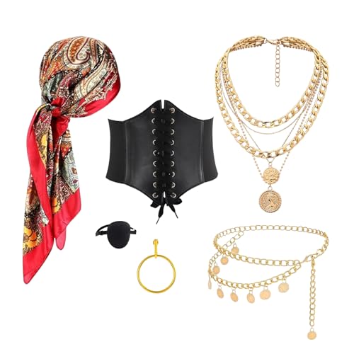 YMO Piratenzubehör, Piratenkostüm für Damen mit Korsett-Zubehör, Hut, Kopftuch, Schärpe, Kette, Gürtel, Halskette, Augenklappe, Halloween, Cosplay, Party-Outfits (Rot & Korsett) von YMO