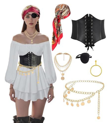 YMO Piratenzubehör für Damen, Piratenkostüm für Damen für Bandana, Korsett, Kette, Gürtel, Halskette, Halloween-Kostüme, Cosplay-Party (rot, groß) von YMO