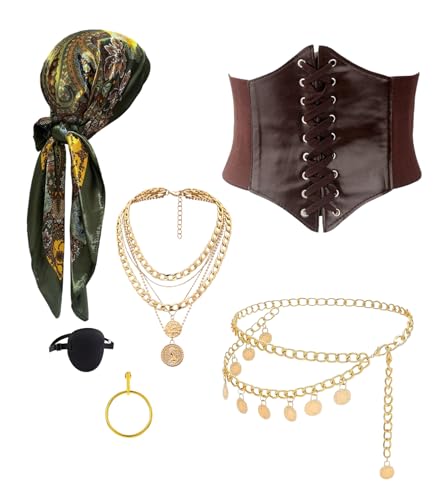 YMO Piratenzubehör für Damen, Piratenkostüm für Damen für Bandana, Korsett, Kette, Gürtel, Halskette für Cosplay-Party (grün, klein) von YMO