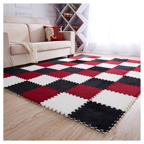 10 Stück Ineinandergreifende Plüsch-Bodenmatte Flauschiger Puzzle-Teppich,Quadratische Schaumstofffliesenmatten Mit Kanten,DIY-Spielmatte Fürs Zimmer,30X30 cm(Schwarz+Rot+Weiß) von YMXBHN