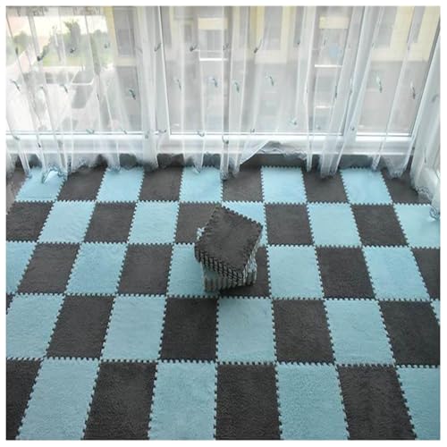 YMXBHN Ineinandergreifende Schaumstoffmatten,32 Stück Flauschige Plüschteppichfliesen,Quadratischer Schaumstoff-Puzzle-Bodenmatten,Weiche Spielmatte Für Wohnzimmer,S(Size:1cm,Color:Grau + Hellblau) von YMXBHN