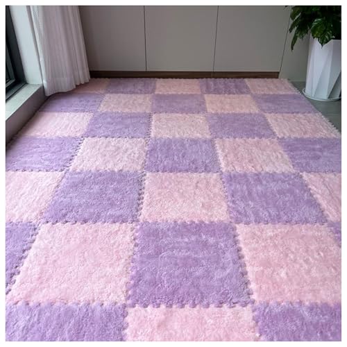 YMXBHN Plüsch-Puzzle-Schaum-Bodenmatten,12 Stück 10 Mm Dicke Flauschige Ineinandergreifende Teppichfliesen,weiche Bodenteppiche,Spielmatte Für Wohnzimmer Und Schlafz(Size:60x60cm,Color:Rosa + Lila) von YMXBHN