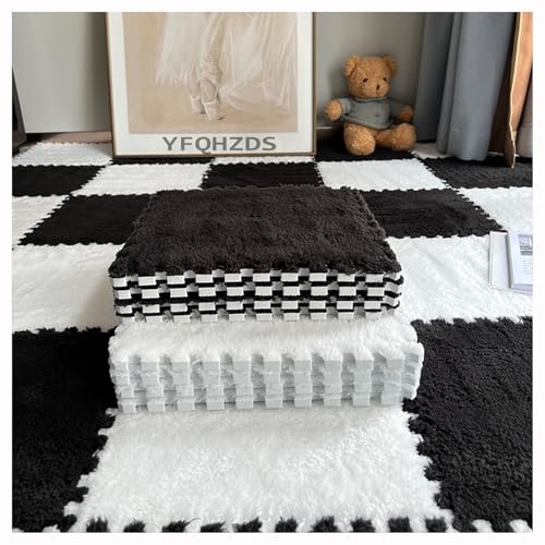 YMXBHN Plüschschaumstoff-Bodenmatte,30 Stück Quadratische Puzzleteppiche Ineinandergreifende Schaumstofffliesen,Flauschige Teppichfliesen,Weiche Puzzle-Spielma(Size:60x60x0.6cm,Color:Weiß + Schwarz) von YMXBHN