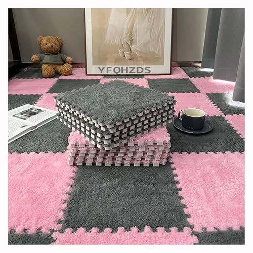 YMXBHN Plüschschaumstoff-Bodenmatte,30 Stück Quadratische Puzzleteppiche Ineinandergreifende Schaumstofffliesen,Flauschige Teppichfliesen,Weiche Puzzle-Spielmatte(Size:60x60x0.6cm,Color:Grau + Rosa) von YMXBHN