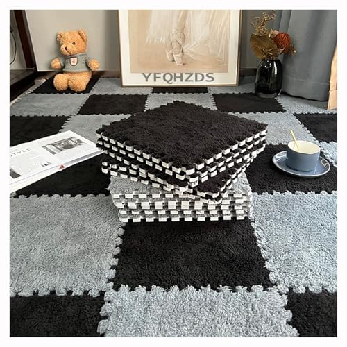 YMXBHN Plüschschaumstoff-Bodenmatte,30 Stück Quadratische Puzzleteppiche Ineinandergreifende Schaumstofffliesen,Flauschige Teppichfliesen,Weiche Puzzle-Spielmatte(Size:60x60x1cm,Color:Grau + Schwarz) von YMXBHN