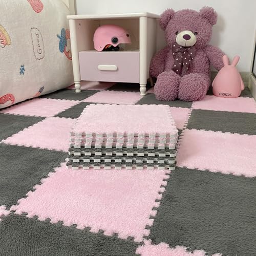 YMXBHN Quadratische Puzzleteppich-Schaumstoffmatten,18 Stück Ineinandergreifende Eva-Schaumstoff-Bodenfliesen, Flauschige Plüschteppichfliesen,Weiche Spielmatte Fü(Size:60x60cm,Color:Grau + Rosa) von YMXBHN