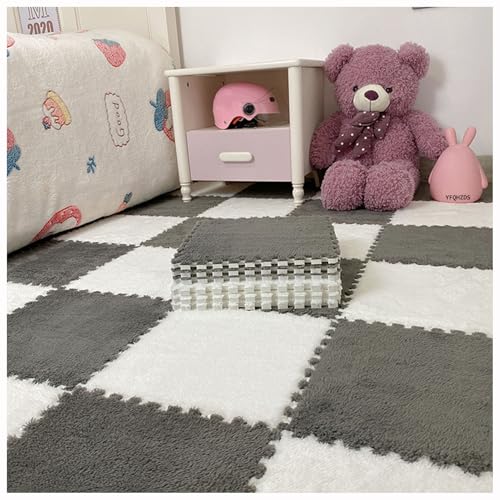 YMXBHN Quadratische Puzzleteppich-Schaumstoffmatten,18 Stück Ineinandergreifende Eva-Schaumstoff-Bodenfliesen, Flauschige Plüschteppichfliesen,Weiche Spielmatte Fü(Size:60x60cm,Color:Grau + Weiß) von YMXBHN