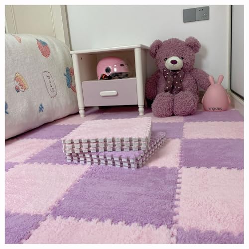 YMXBHN Quadratische Puzzleteppich-Schaumstoffmatten,18 Stück Ineinandergreifende Eva-Schaumstoff-Bodenfliesen, Flauschige Plüschteppichfliesen,Weiche Spielmatte Fü(Size:60x60cm,Color:Lila + Rosa) von YMXBHN