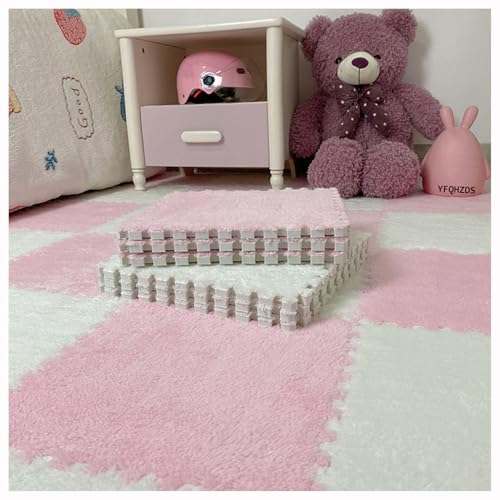 YMXBHN Quadratische Puzzleteppich-Schaumstoffmatten,18 Stück Ineinandergreifende Eva-Schaumstoff-Bodenfliesen, Flauschige Plüschteppichfliesen,Weiche Spielmatte Fü(Size:60x60cm,Color:Rosa + Weiß) von YMXBHN