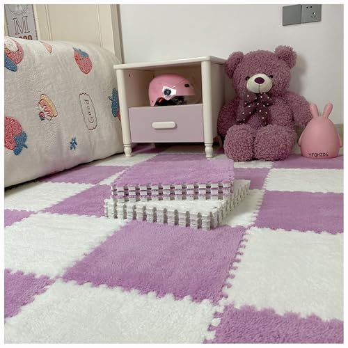 YMXBHN Quadratische Puzzleteppich-Schaumstoffmatten,18 Stück Ineinandergreifende Eva-Schaumstoff-Bodenfliesen, Flauschige Plüschteppichfliesen,Weiche Spielmatte Für (Size:60x60cm,Color:Lila + Weiß) von YMXBHN