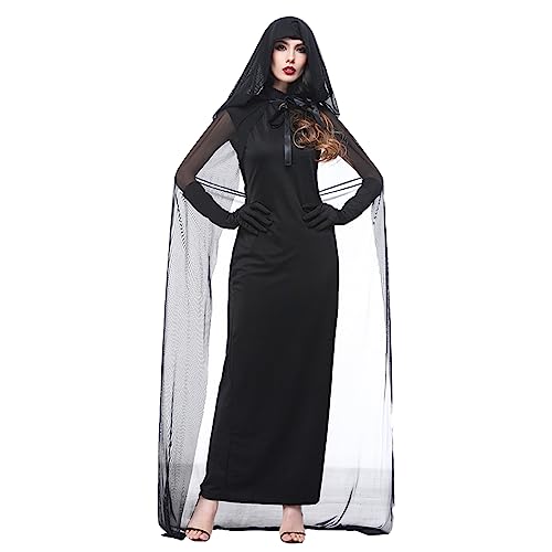 YNQFZ Halloween Kostüm Damen Schwarze Geisterbraut Hexen Vampir Königin Kleid für Frauen Erwachsene Cosplay Karneval Kostüme (L) von YNQFZ