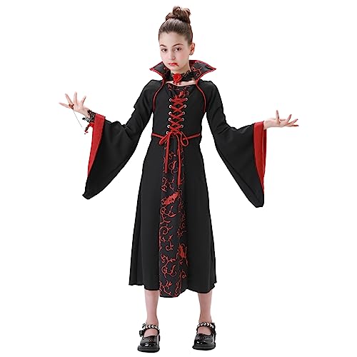 YNQFZ Halloweenverkleidung Mädchen Vampir Kostüm Set GothicFasching Kinder Cosplay Kostüm Schwarz und Burgund Mottoparty (130) von YNQFZ