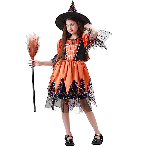 YNQFZ Kinder Hexe Kostüm mit Besen lila Costume Kleid Hexenkostüm für Mädchen für Cosplay Halloween Karneval und Fasching (Gelb, 140) von YNQFZ